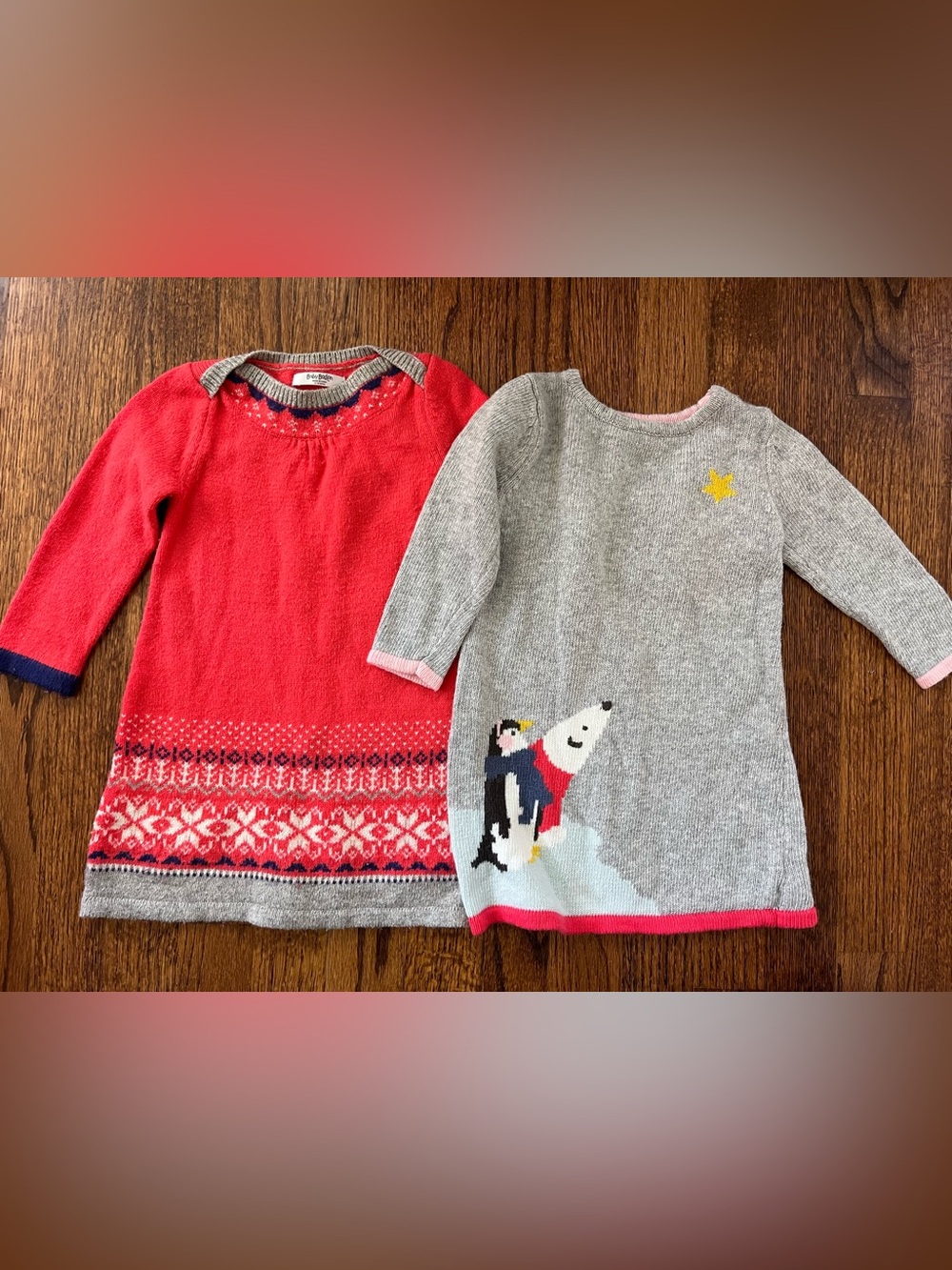 Baby Boden Grey & Pink Penguin Knit Dress with Red Fair Isle Dress